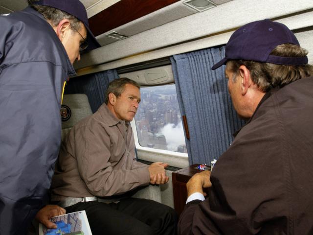 President George W. Bush tours the World Trade Center disaster site aboard Marine One, September 14, 2001. (P8950-19)