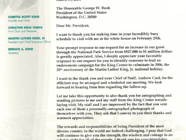 Letter dated March 13, 2004 from Coretta Scott King regarding the Martin Luther King Jr. Center for Nonviolent Social Change.