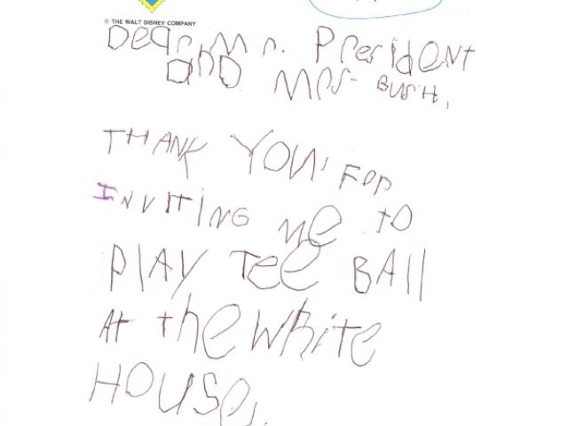 A letter from Jalen Anderson to the President thanking him for having been invited to play tee ball on the South Lawn at the White House, September 7, 2003.