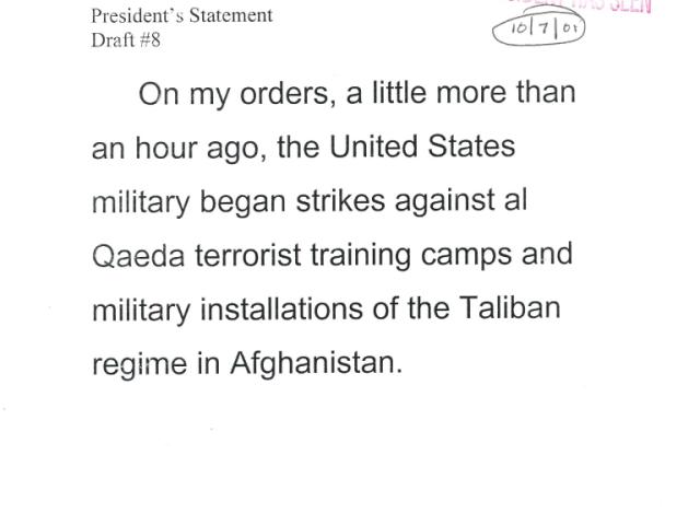 Select speech cards used by President George W. Bush to announce the invations of Afghanistan, October 7, 2001.