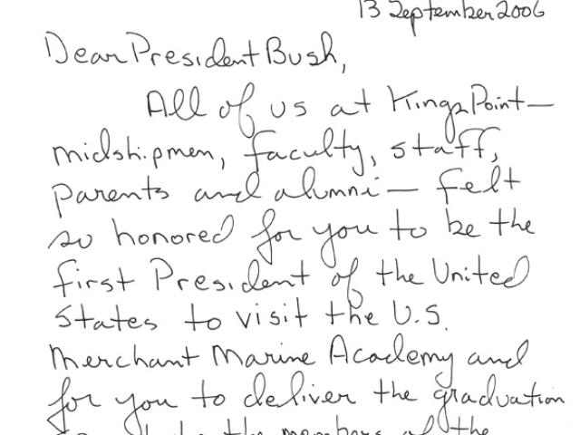 Letter dated October 27, 2006 from Joe Stewart, Superintendent of the U.S. Merchant Marine Academy at Kings Point, New York, thanking President George W. Bush - the first President to visit the academy and deliver the graduation speech.