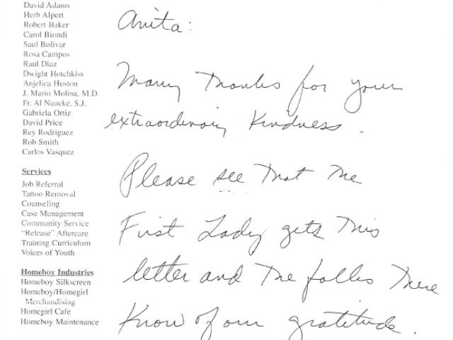 Letter dated November 3, 2005 to First Lady Laura Bush and her Chief of Staff Anita McBride from Homeboy Industries.