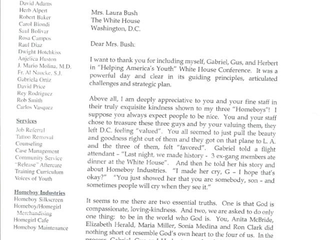 Letter dated November 3, 2005 to First Lady Laura Bush and her Chief of Staff Anita McBride from Homeboy Industries.