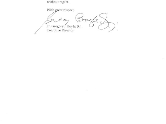 Letter dated November 3, 2005 to First Lady Laura Bush and her Chief of Staff Anita McBride from Homeboy Industries.