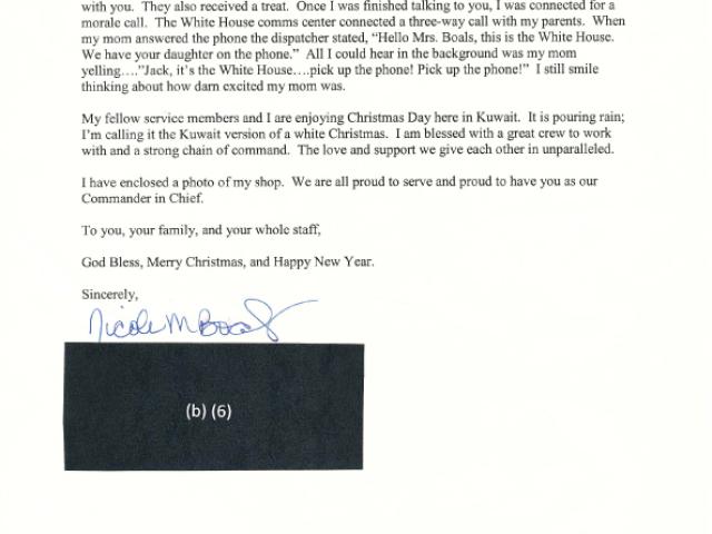 Sample of letters from American soldiers and their families to President George W. Bush: letter from Nicole M. Boals dated December 25, 2005 who received a telephone call from the President on Thanksgiving Day.