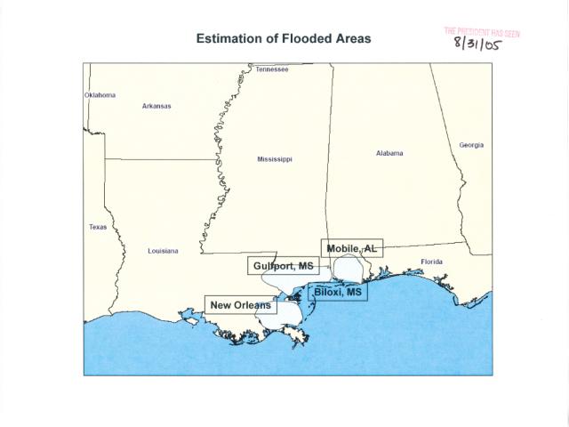 Maps and photographs of flooded areas and extent of damage in New Orleans and vicinity after Hurricane Katrina hit in 2005.
