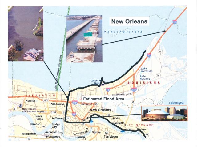 Maps and photographs of flooded areas and extent of damage in New Orleans and vicinity after Hurricane Katrina hit in 2005.