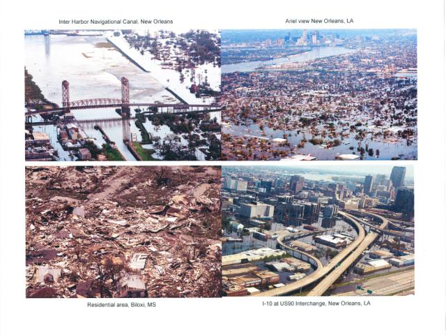 Maps and photographs of flooded areas and extent of damage in New Orleans and vicinity after Hurricane Katrina hit in 2005.