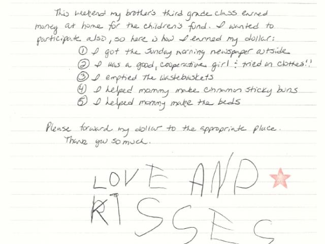 Sample of a letter from an American student named Olivia offering to help raise money for the Afghan Children's Fund. President George W. Bush asked students for donations to the Fund; within a few days, the White House had received 90,000 letters from children.