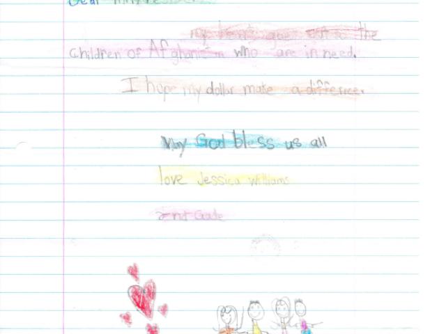Sample of a letter from an American student named Jessica offering to help raise money for the Afghan Children's Fund. President George W. Bush asked students for donations to the Fund; within a few days, the White House had received 90,000 letters from children.