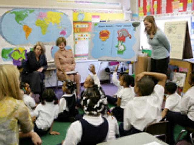 First Lady Laura Bush visits the first grade classroom and students of teacher Laura Gilbertson, April 14, 2008, at the Martin Luther King Elementary School in Washington, D. C. (P041408SC-0185)