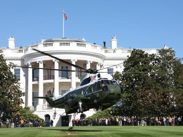 Marine One, with President George W. Bush and Mrs. Laura Bush aboard, departs the South Lawn of the White House, October 31, 2008, en route to Camp David. (P103108CG-0254)