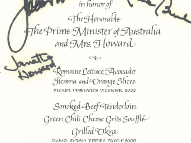 Signed menu from White House State Dinner honoring: Prime Minister and Mrs. John Howard of Australia, May 16, 2006.