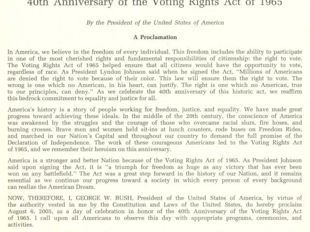 Proclamation in Honor of the 40th Anniversary of the Voting Rights Act of 1965.