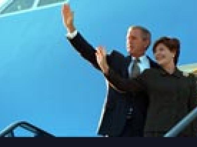 With President George W. Bush and Laura Bush aboard, Air Force One prepares for departure from Ljubljana International Airport, Ljubljana, Slovenia, en route to Berlin, Germany, June 10, 2008.