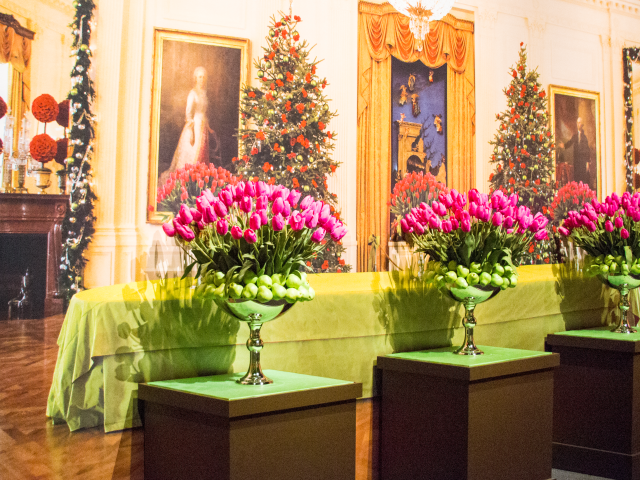 A photo of a tulips and pears display, part of the 2017 Holiday exhibit at the George W Bush Library and Museum