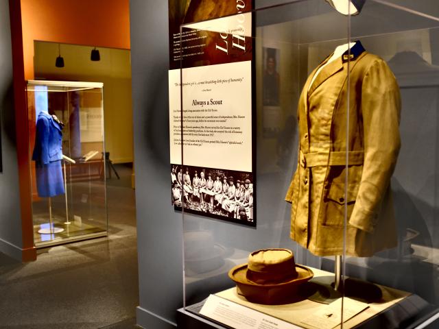 A photo of displays of outfits worn by former First Ladies, part of the 2018 First Ladies exhibit at the George W Bush Library and Museum