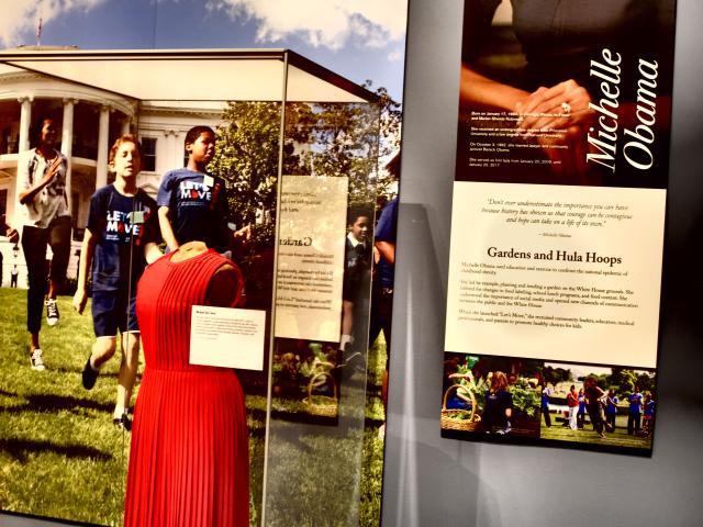 A photo of a Michelle Obama display, part of the 2018 First Ladies exhibit at the George W Bush Library and Museum