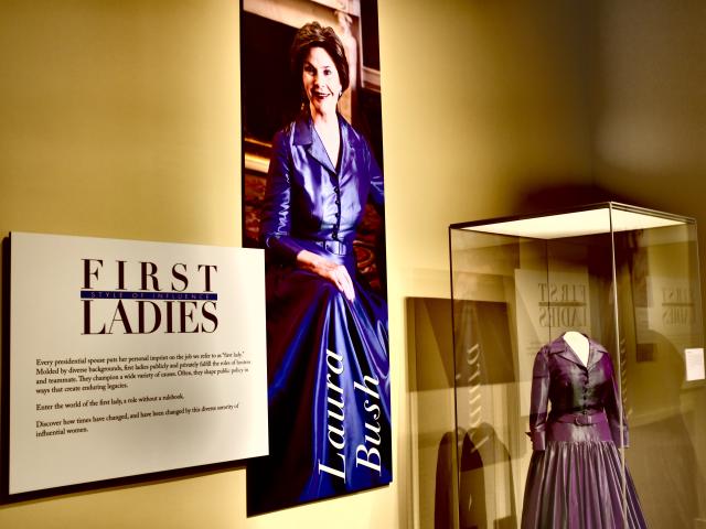A close photo of a Laura Bush display, part of the 2018 First Ladies exhibit at the George W Bush Library and Museum