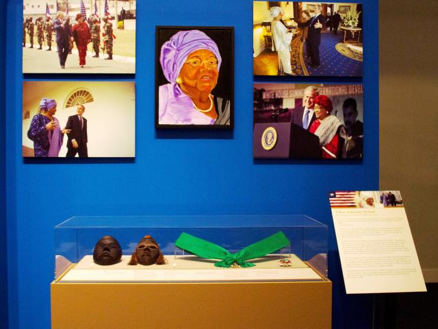 A photo of the Johnson Sirleaf display from the 2014 exhibit The Art of Leadership: A President's Personal Diplomacy, at the George W Bush Library and Museum