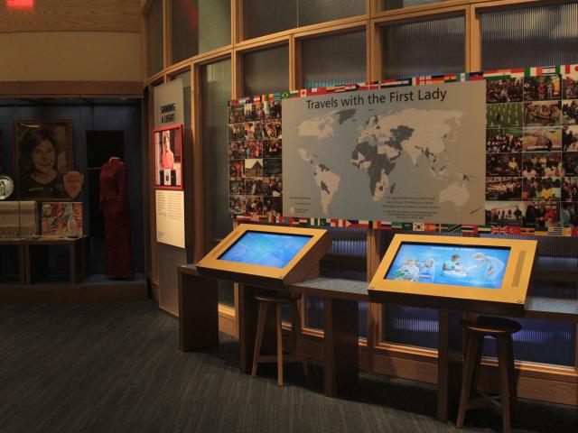 An image of the exhibit documenting First Lady Laura Bush's travels during the George W Bush Administration