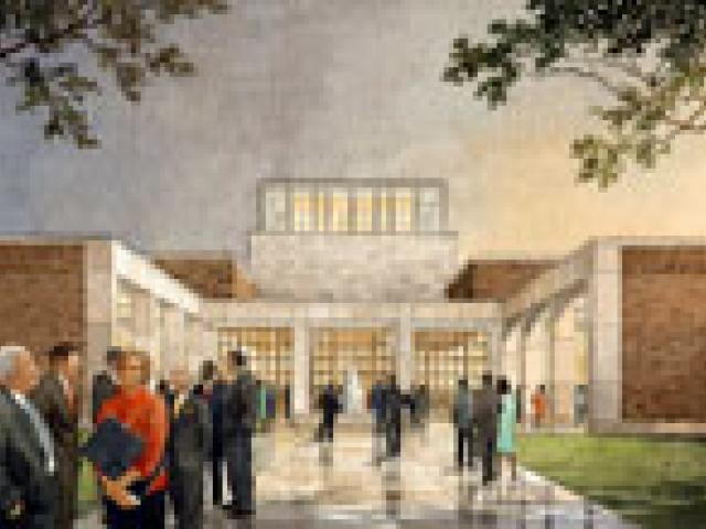 Artist rendering of the entrance to Freedom Plaza. The Plaza will include space for the Library and Museum&rsquo;s temporary exhibits. Courtesy George W. Bush Foundation.