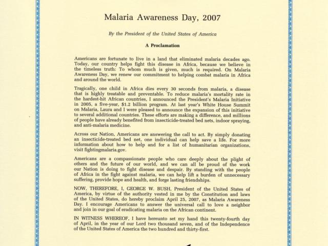 Proclamation for Malaria Awareness Day 2007.