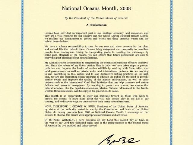 Proclamation for National Oceans Month 2008.