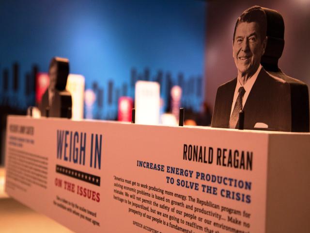 A photo of a display showing different important topics presidential candidates debated during their campaigns, part of the 2016 Path to the Presidency exhibit at the George W Bush Library and Museum