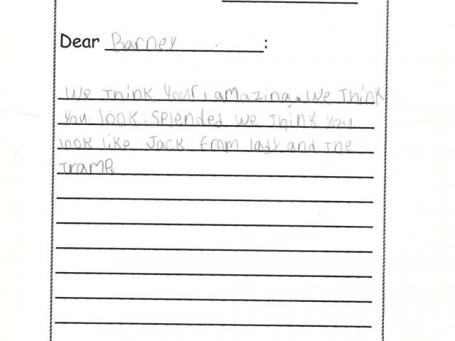 A letter to Barney and Miss Beazley from students James and Jordan, February 11, 2005.