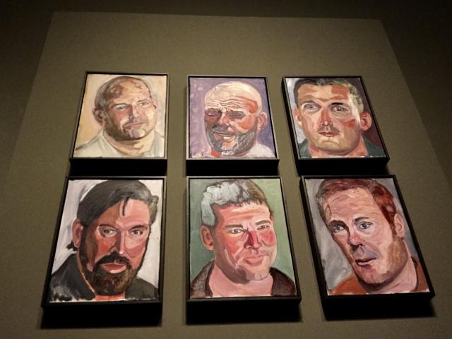 A photo of six portraits painted by President George W Bush, featured in the 2017 exhibit Portraits of Courage, at the George W Bush Library and Museum