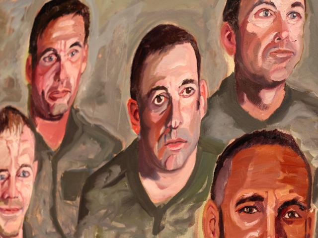 A photo of a panel featuring Robert Ferrara from a mural painted by George W Bush, part of the 2017 Portraits of Courage exhibit at the George W Bush Library and Museum.