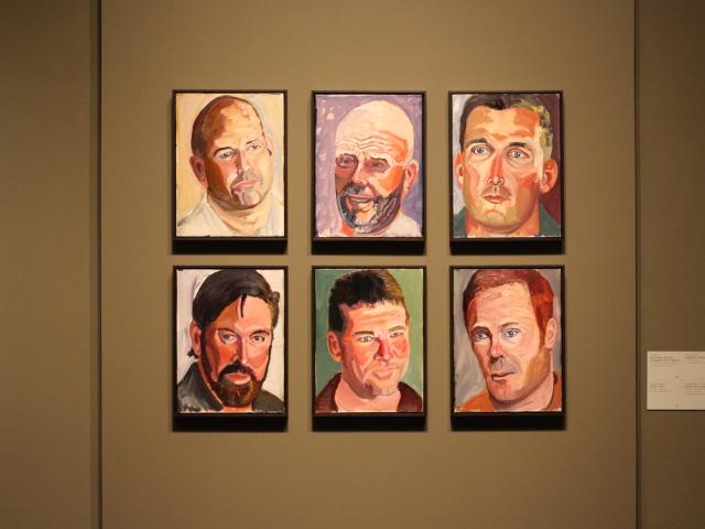 A photo of six portraits painted by President George W Bush, featured in the 2017 exhibit Portraits of Courage, at the George W Bush Library and Museum