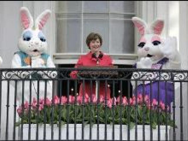 First Lady Laura Bush addresses South Lawn visitors to the 2007 White House Easter Egg Roll from the Truman Balcony, April 9, 2007. "In Washington, we know Spring has arrived when the White House lawn is filled with children for the Easter Egg Roll," said Mrs. Bush.