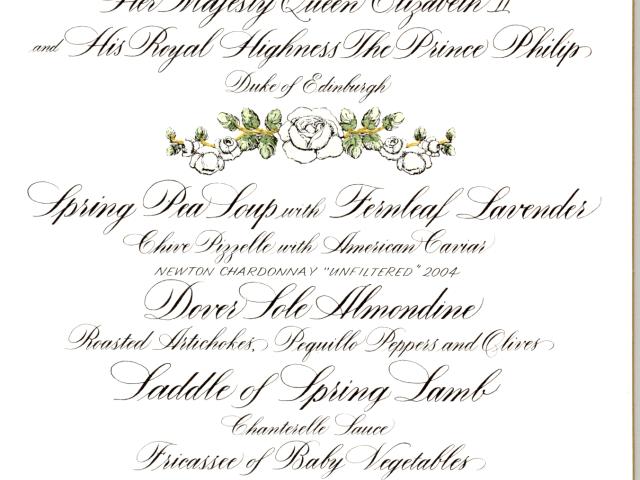 Menu for the State Dinner in honor of Her Majesty Queen Elizabeth II and His Royal Highness the Prince Philip, Duke of Edinburgh, held on May 7, 2007. The Queen and Prince Philip spent six days in the United States, their first official visit since 1991.