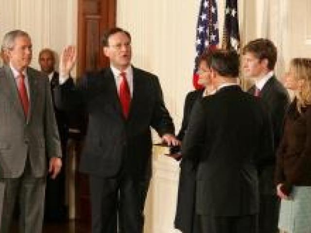 On February 1, 2006, President George W. Bush looks on during the swearing-in ceremony for U.S. Supreme Court Justice Samuel A. Alito in the East Room of the White House. Alito was sworn in by U.S. Supreme Court Chief Justice John Roberts.