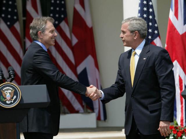 President George W. Bush and British Prime Minister Tony Blair shake hands following their joint press availability in the Rose Garden of the White House on May 17, 2007.