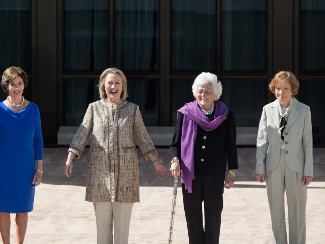 First Ladies Michelle Obama, Laura Bush, Hillary Rodham Clinton, Barbara Bush, and Rosalynn Carter at the Dedication of the George W. Bush Presidential Library and Museum, April 25, 2013.