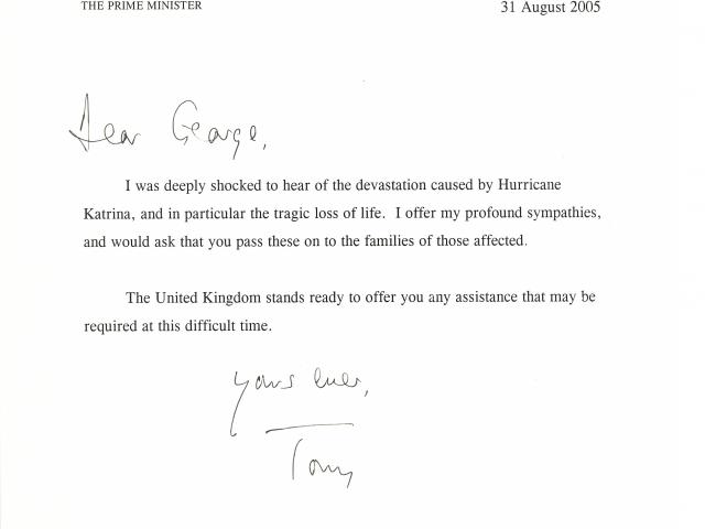 Letter dated August 31, 2005 from British Prime Minister Tony Blair to President George W. Bush expressing concerns regarding the devastation caused by Hurricane Katrina.