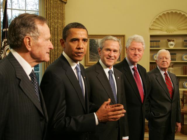 President George W. Bush Meets with Former Presidents George H. W. Bush, Bill Clinton and Jimmy Carter and President-Elect Barack Obama in the Oval Office on January 7, 2009.