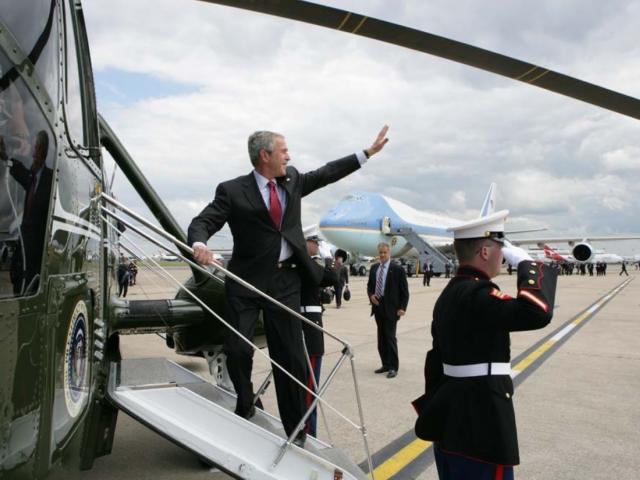 President George W. Bush Waves While Boarding Marine One at Heathrow International Airport in London on June 15, 2008.