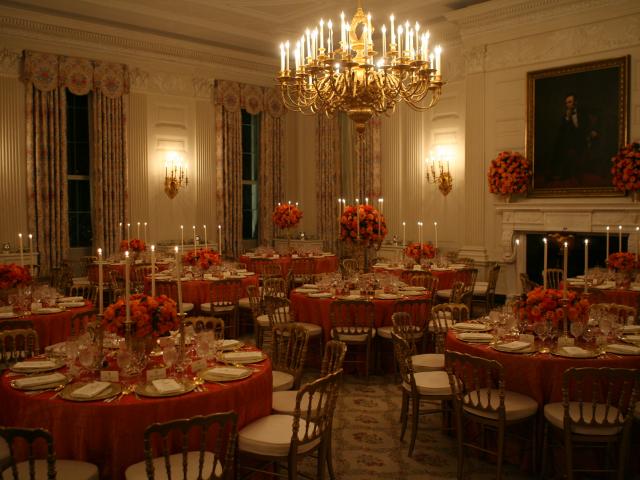 Decorated candlelit tables are seen in the State Dining Room of the White House, November 6, 2007, for the dinner in honor of French President Nicolas Sarkozy.