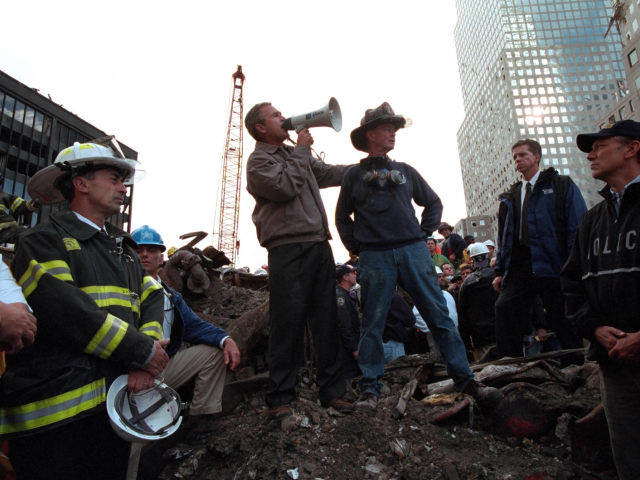 President Bush addresses first responders at Ground Zero