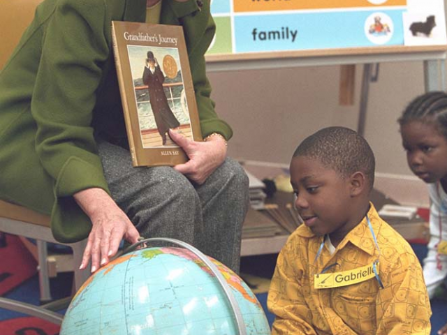 Mrs. Bush speaks to children at the South 17th Street Elementary School in Newark on October 16, 2001.