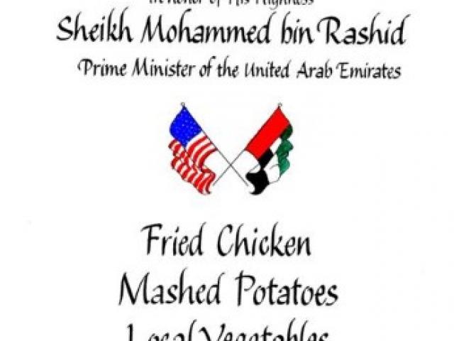 Menu for Dinner at Camp David in Honor of His Highness, Sheikh Mohammed bin Rashid, Prime Minister of the United Arab Emirates, August 3, 2008.