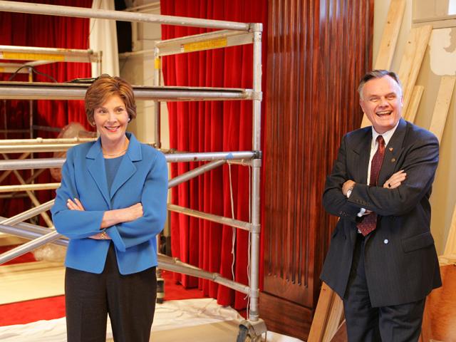 Mrs. Laura Bush Views Renovations of the White House Family Theater with Chief Usher Gary Walters